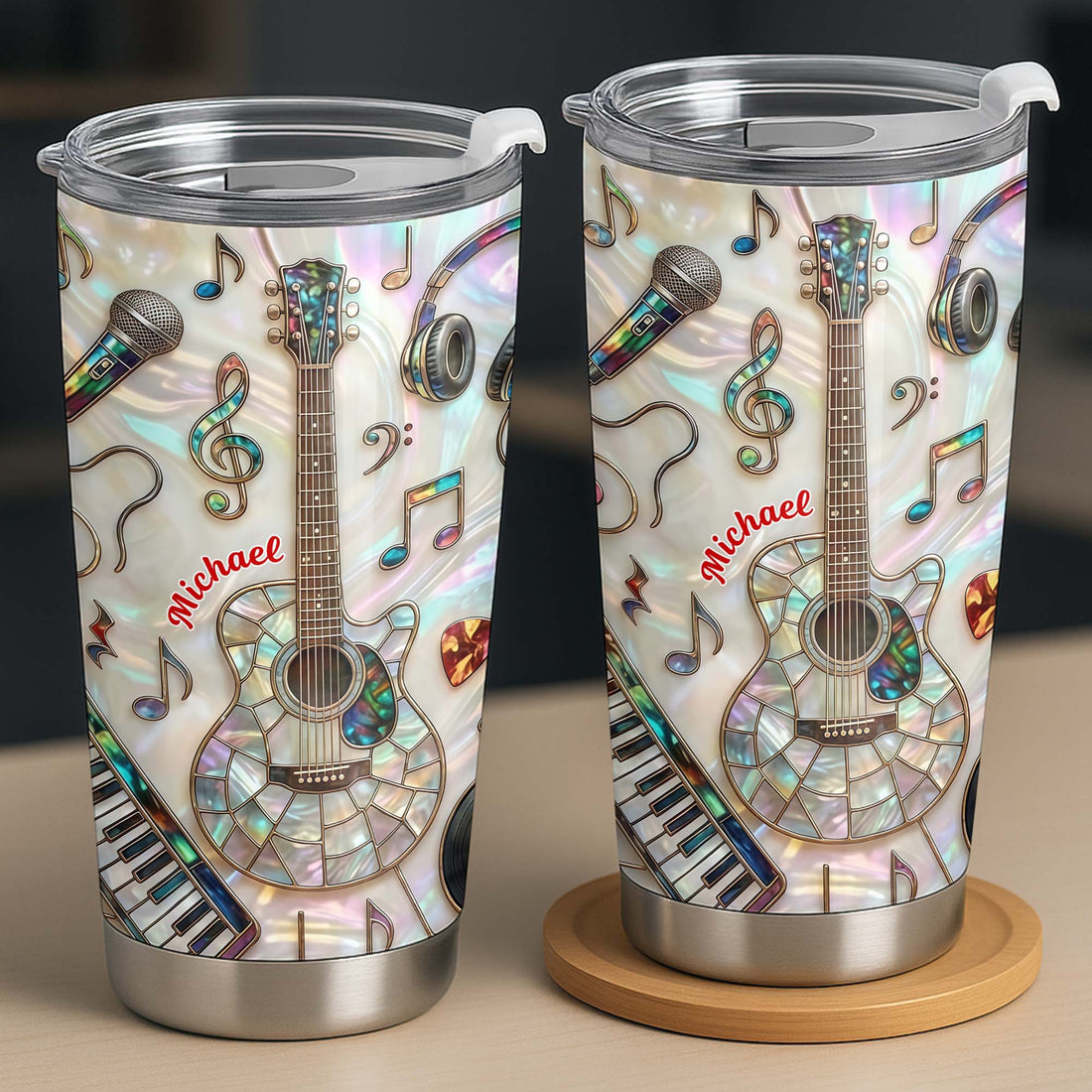 Close-up of Stained Glass Musical Instrument Tumbler, Personalized Guitar and Piano Music Lover Stainless Steel  for streetwear fans in Austin, Texas