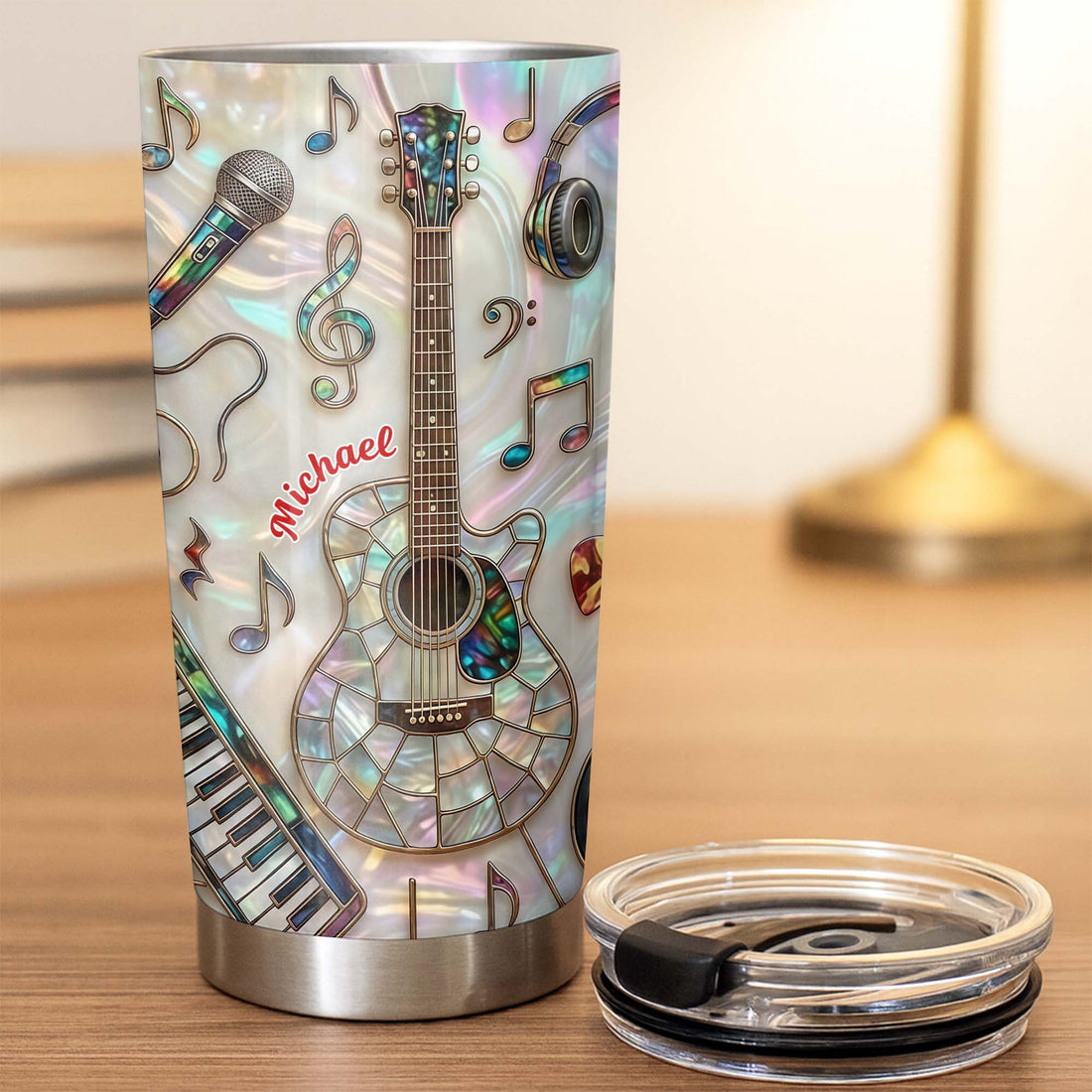 Stained Glass Musical Instrument Tumbler, Personalized Guitar and Piano Music Lover Stainless Steel  available at our Austin, Texas warehouse