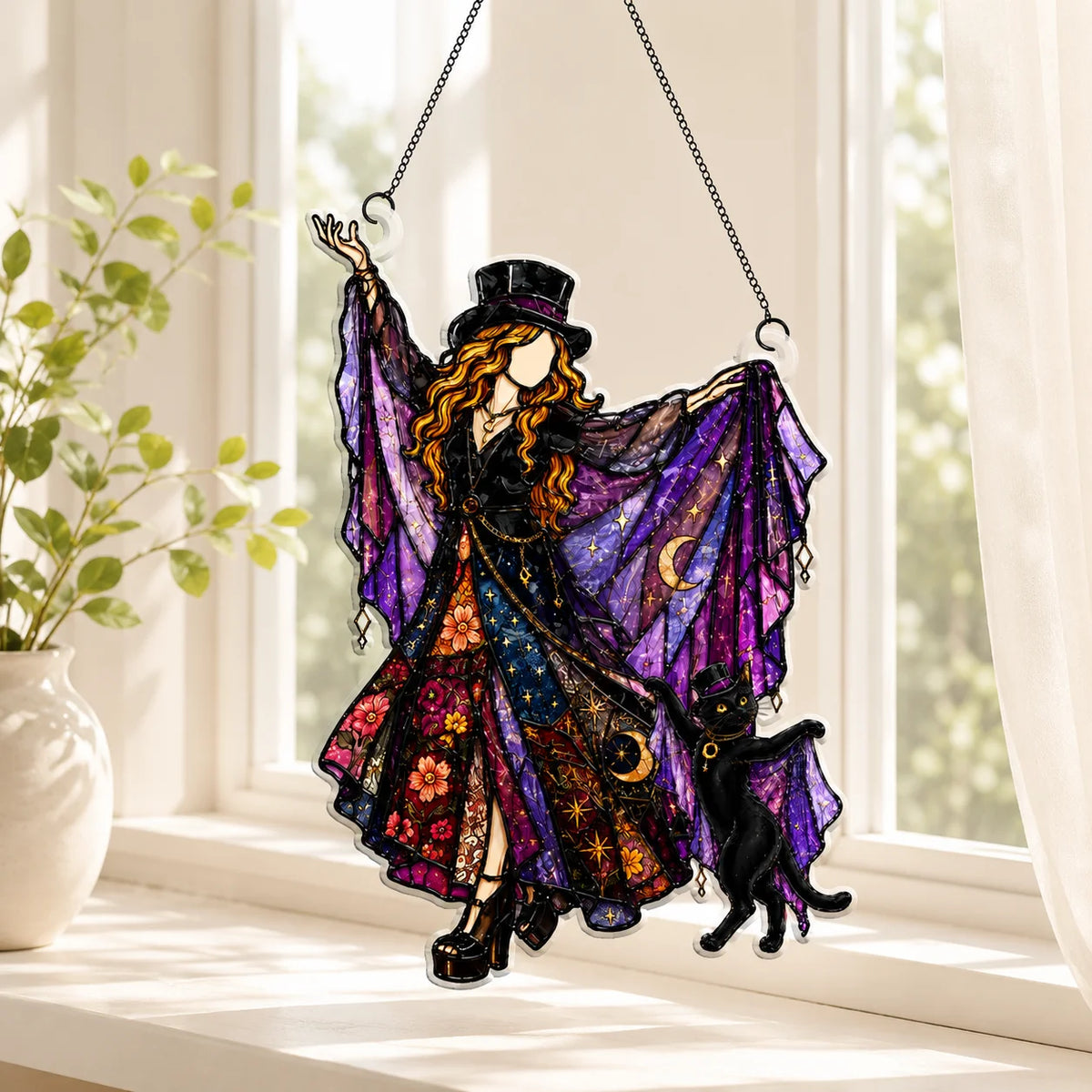 Stained Glass Witch and Black Cat Suncatcher Ornament Spooky Halloween Window Hanging Gothic Decor Gift