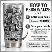 Instruction graphic showing how to personalize the custom name tumbler with Thomas.