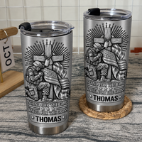 Two Christian patriotic tumblers with custom name Thomas on a rustic wood surface.