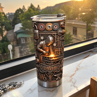 Steampunk welder tumbler with custom name David standing on windowsill with leafy trees outside.