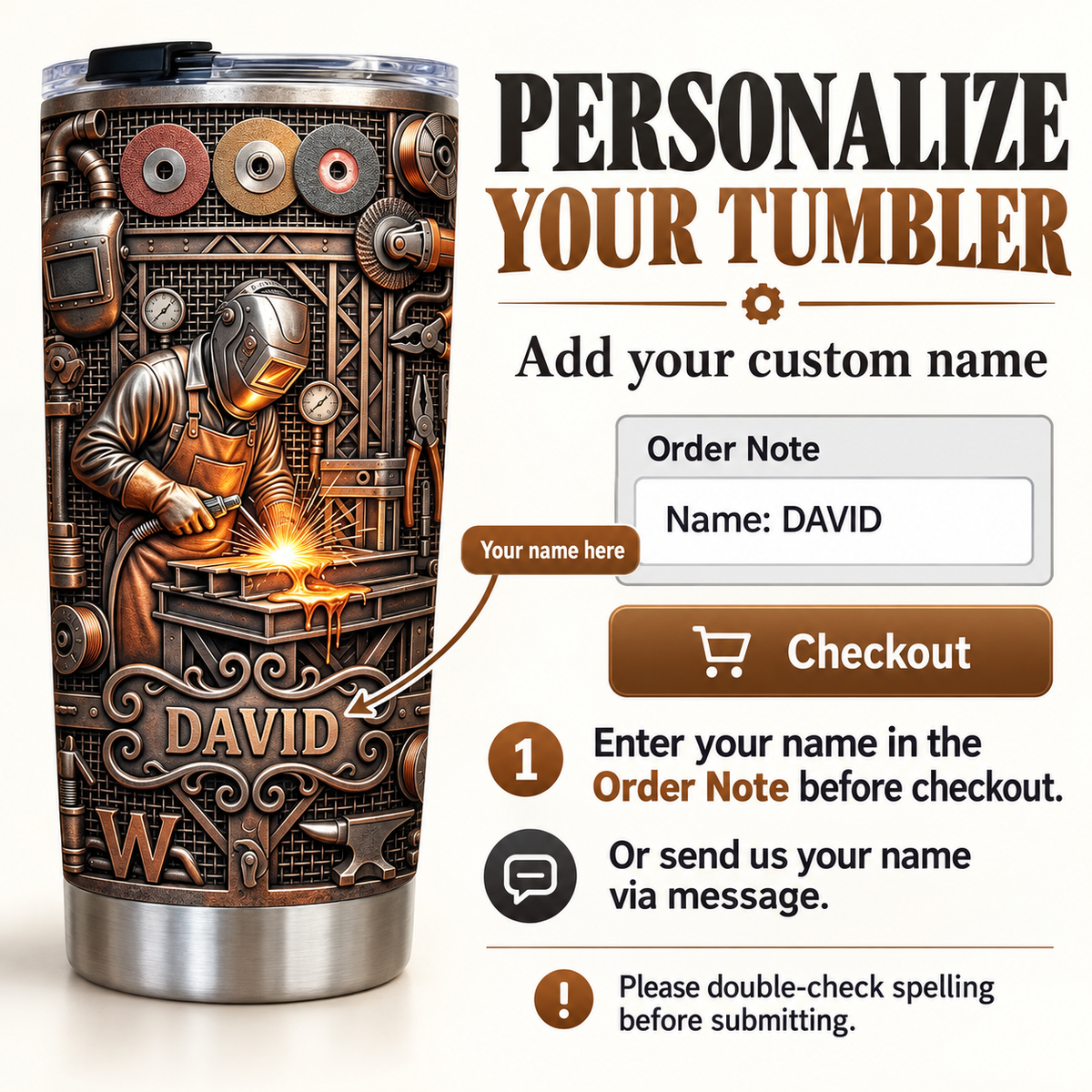 Digital mockup of custom name steampunk welder tumbler with order note instruction graphic.