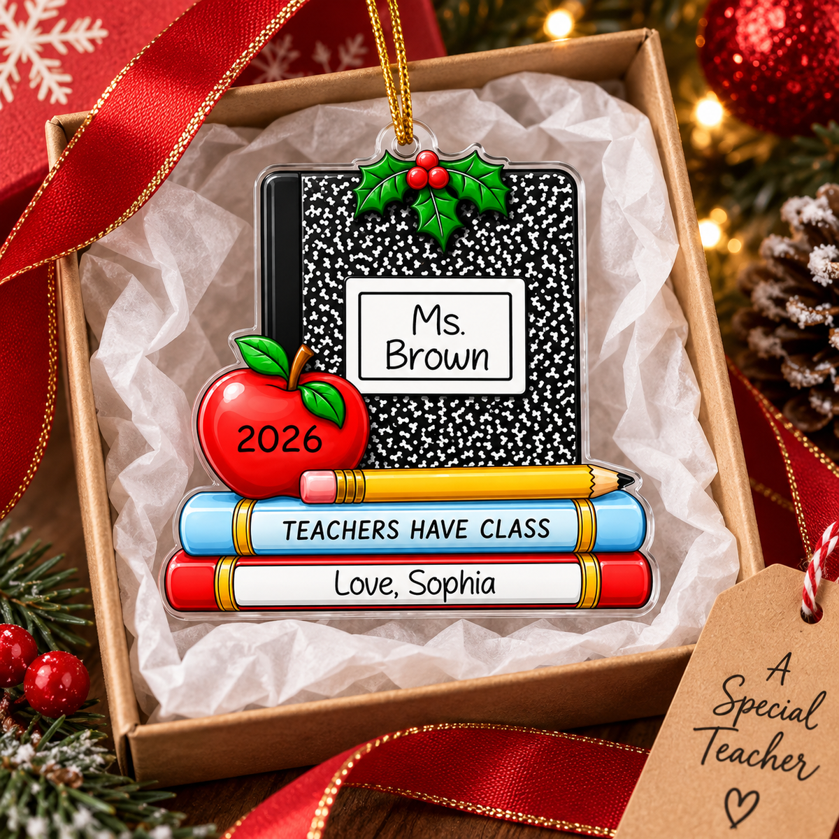 Close-up of Teachers Have Class Ornament Personalized Teacher Christmas Gift for streetwear fans in Austin, Texas