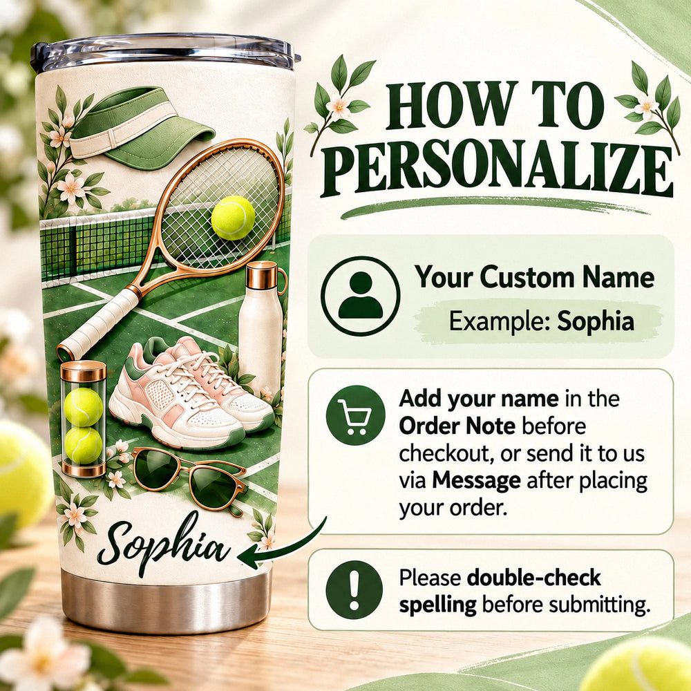 Infographic showing how to customize the stainless steel tumbler with a custom name order note.