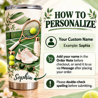 Infographic showing how to customize the stainless steel tumbler with a custom name order note.