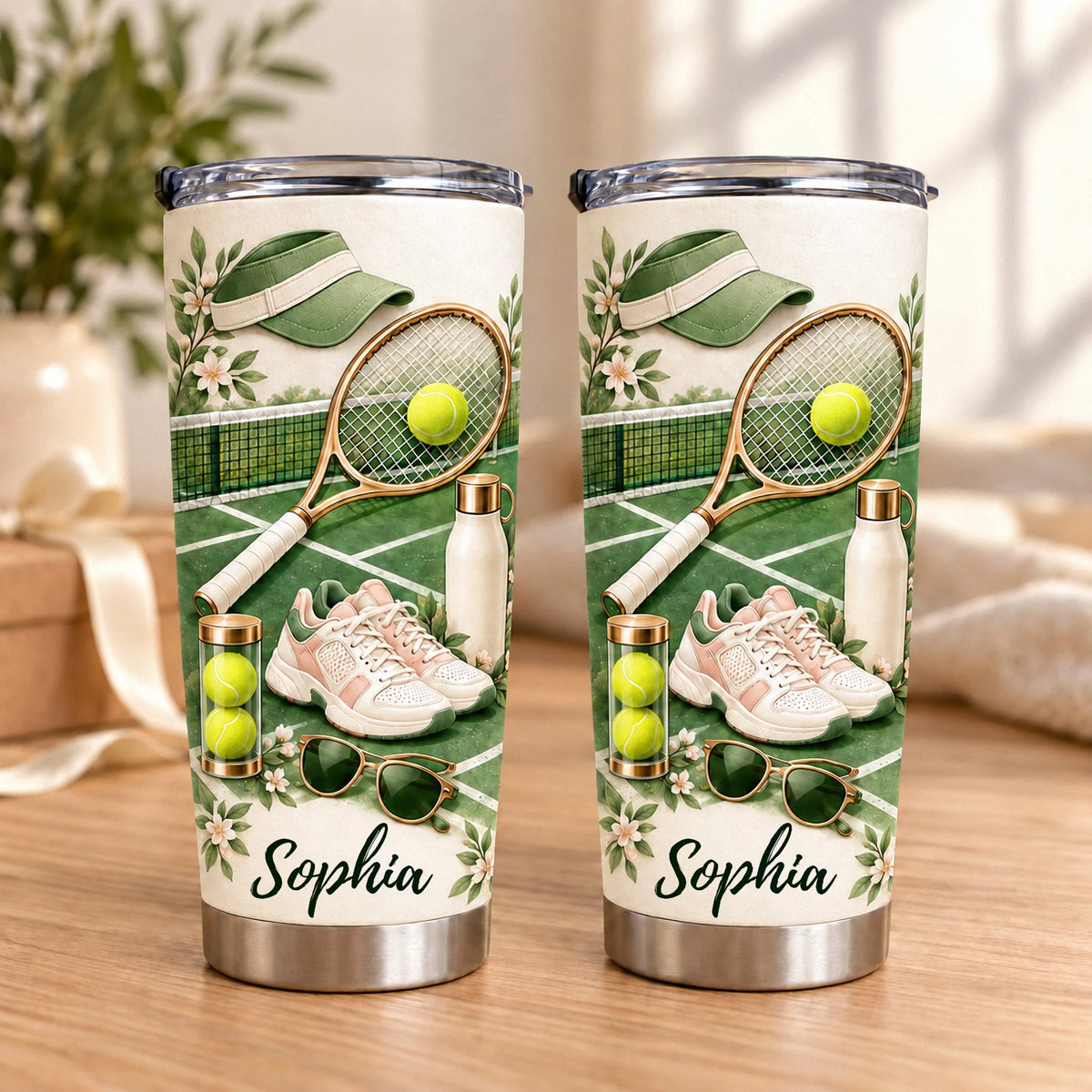 Two personalized stainless steel tumblers featuring a tennis court illustration with racket, sneakers, and name Sophia.