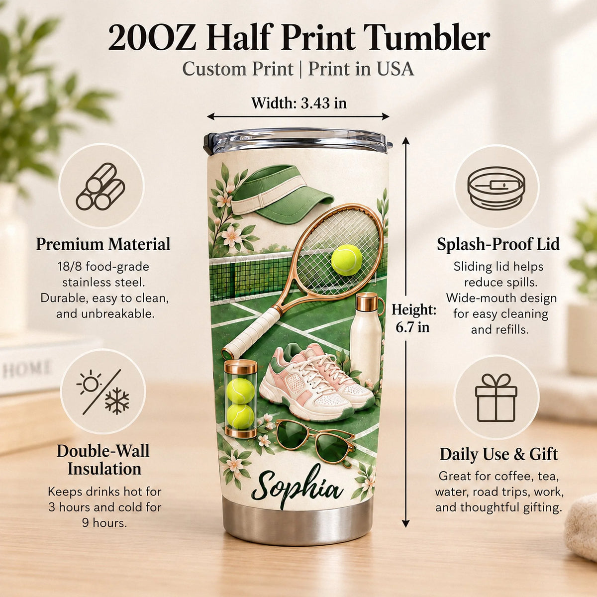 Infographic detailing 20oz half-print tumbler dimensions, double-wall insulation, and splash-proof lid features.