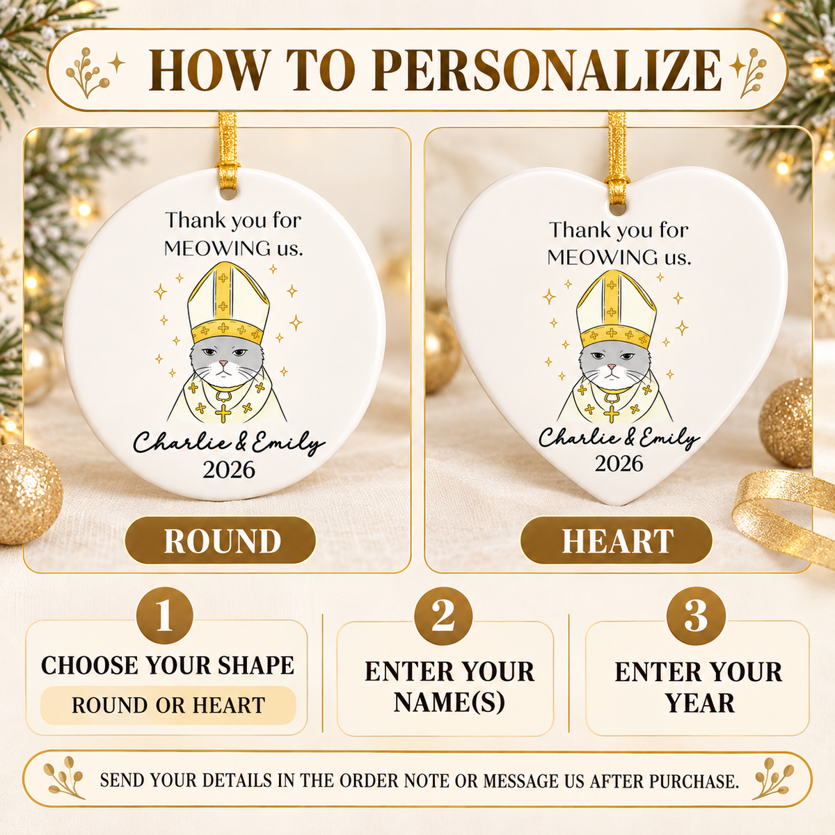 Instruction graphic showing steps to customize round and heart-shaped ceramic ornaments for cat lovers.