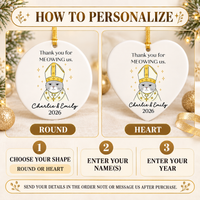 Instruction graphic showing steps to customize round and heart-shaped ceramic ornaments for cat lovers.