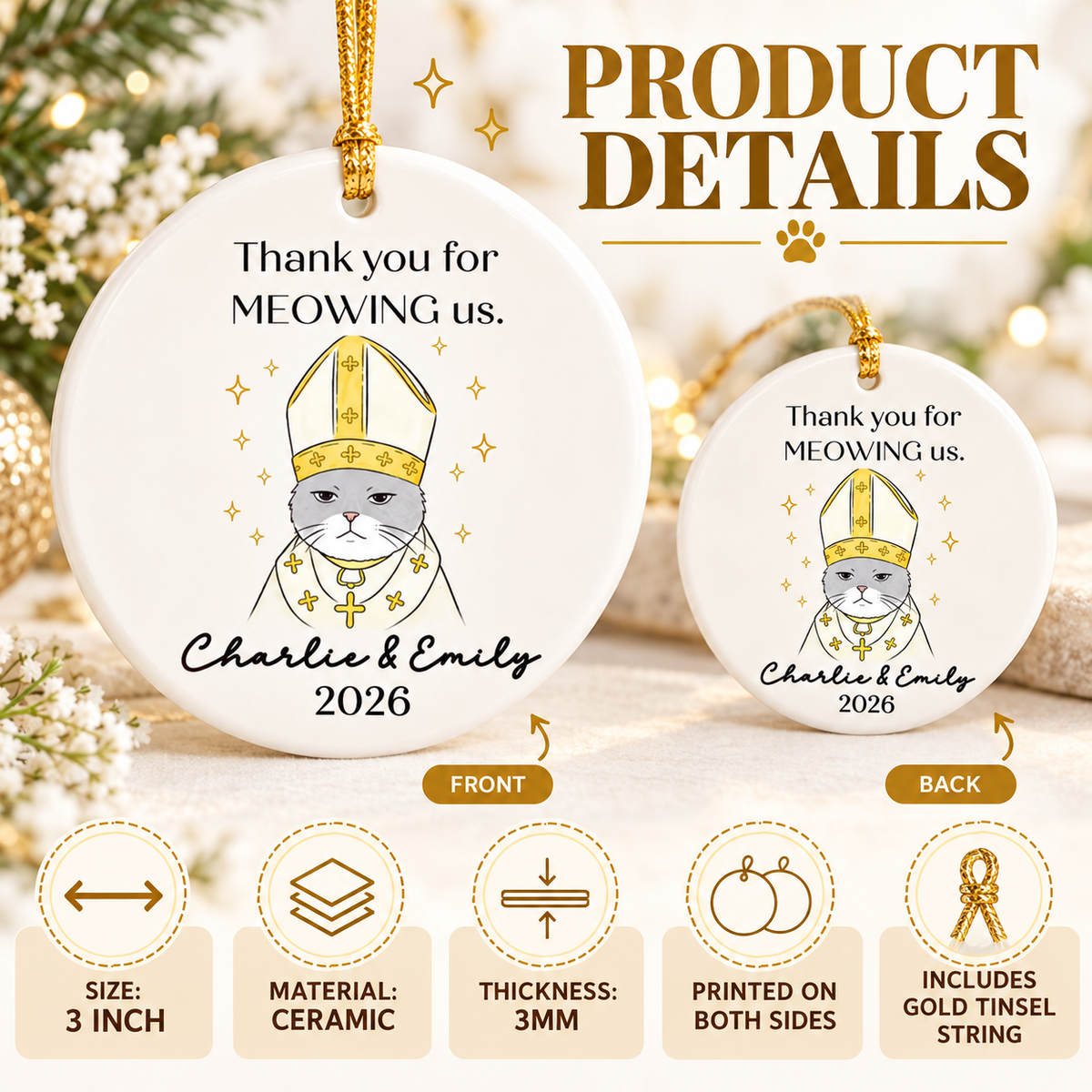 Product detail infographic highlighting features of the 3-inch ceramic cat ornament with gold string.