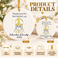 Product detail infographic highlighting features of the 3-inch ceramic cat ornament with gold string.