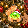 The Grinch Ornament Personalized Dim Sum Christmas Decor Custom Name Gift on a hanger, ready to ship from Austin, Texas