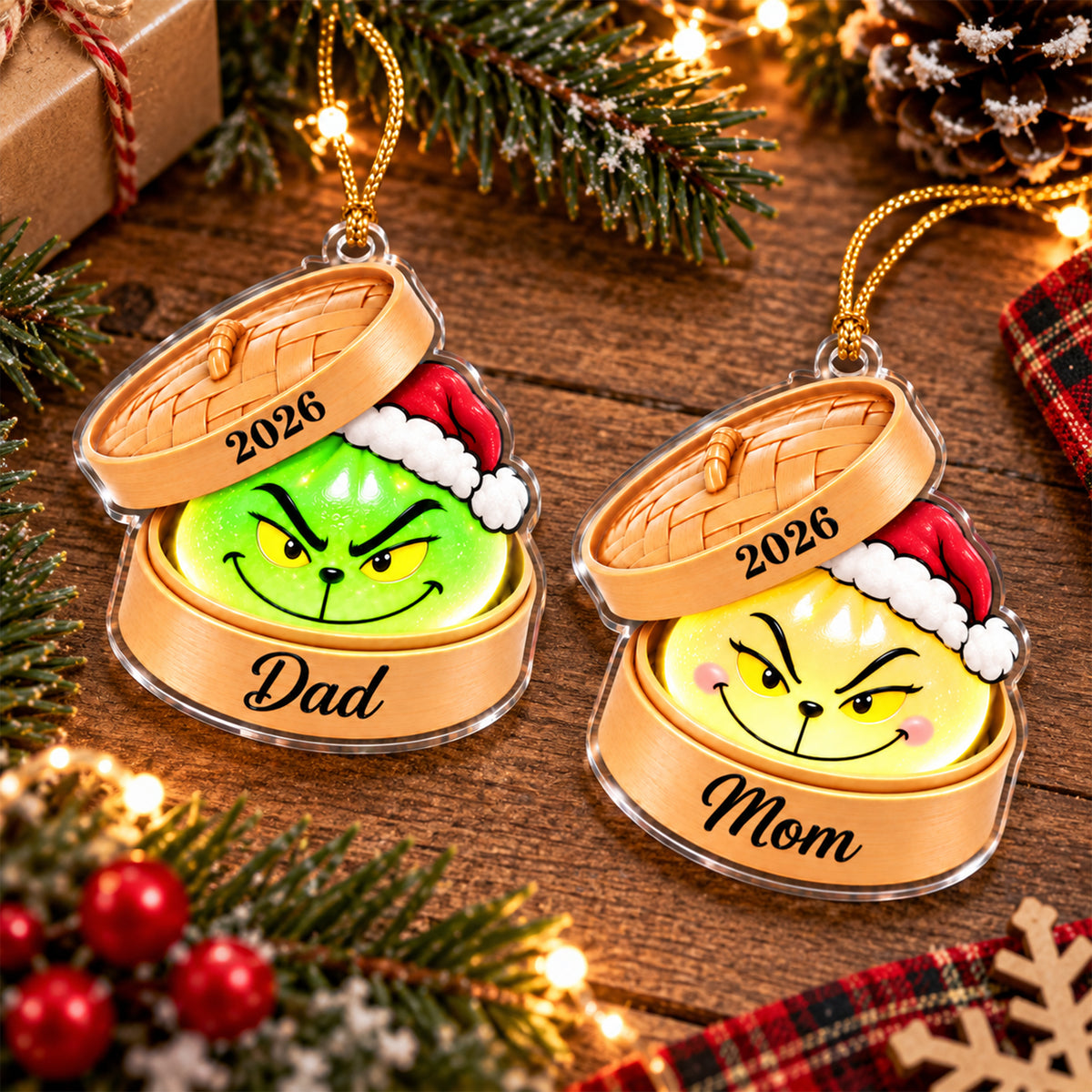 Customer in Austin, Texas wearing The Grinch Ornament Personalized Dim Sum Christmas Decor Custom Name Gift