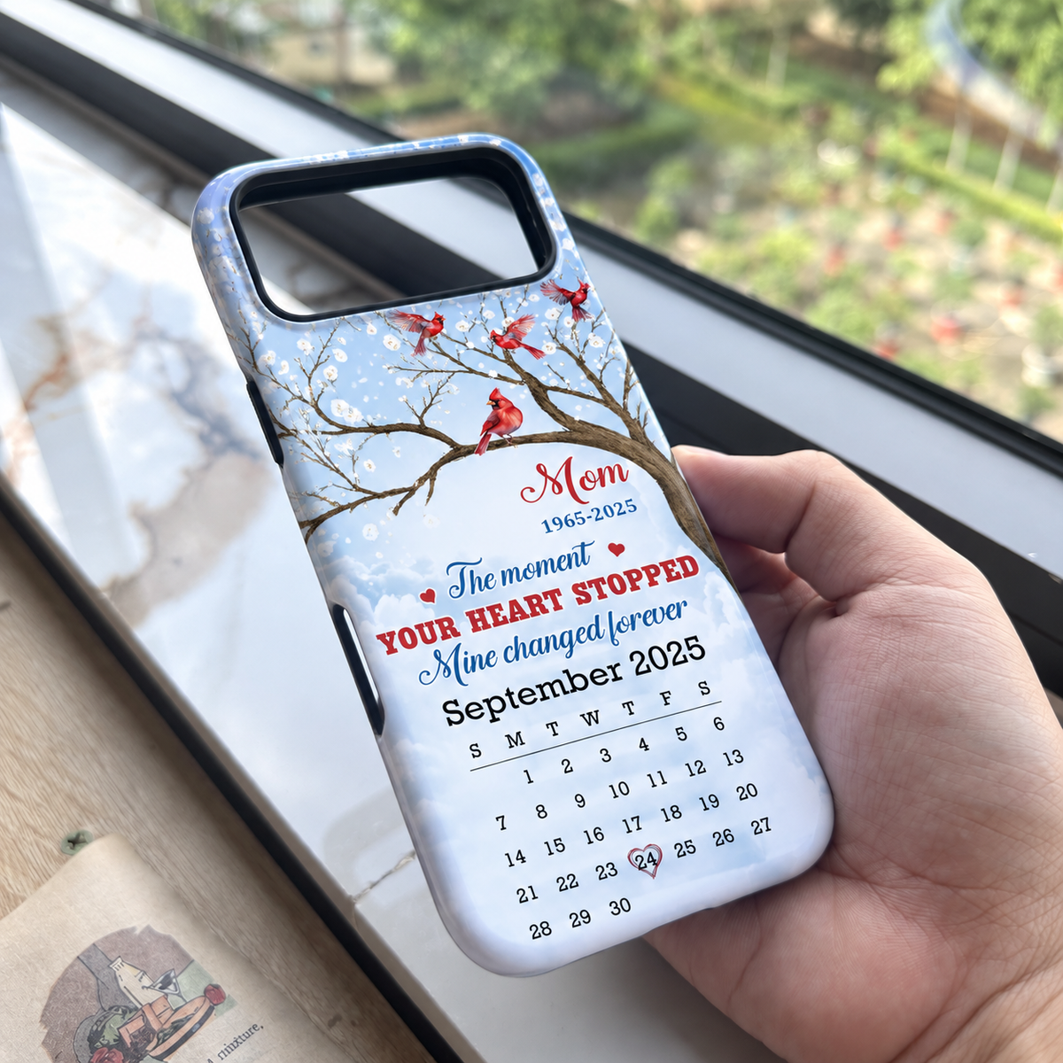 Close-up of The Moment Your Heart Stopped Mine Changed Forever Memorial Cardinal Phone Case for streetwear fans in Austin, Texas