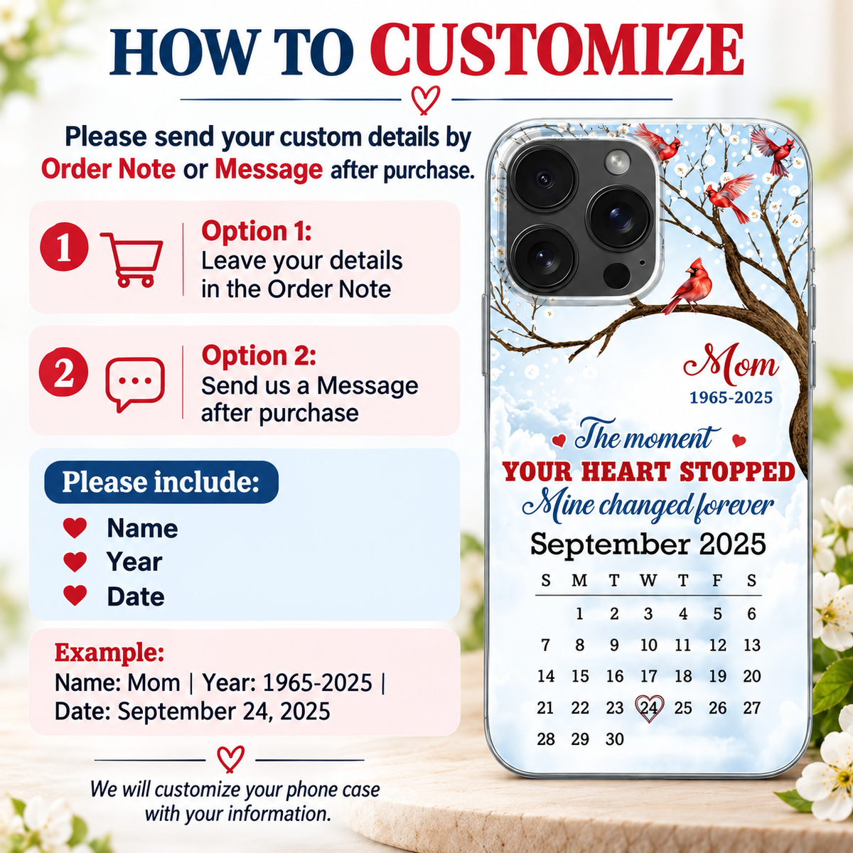 How to customize guide graphic showing custom phone case ordering steps and a Memorial Cardinal Phone Case mockup.