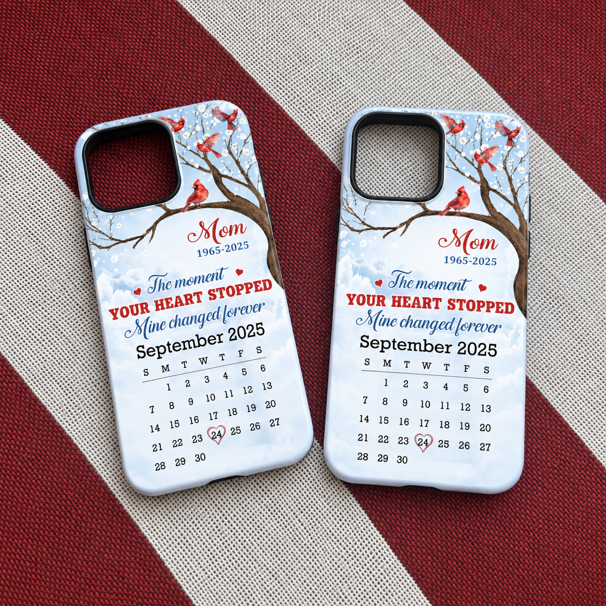 The Moment Your Heart Stopped Mine Changed Forever Memorial Cardinal Phone Case available at our Austin, Texas warehouse