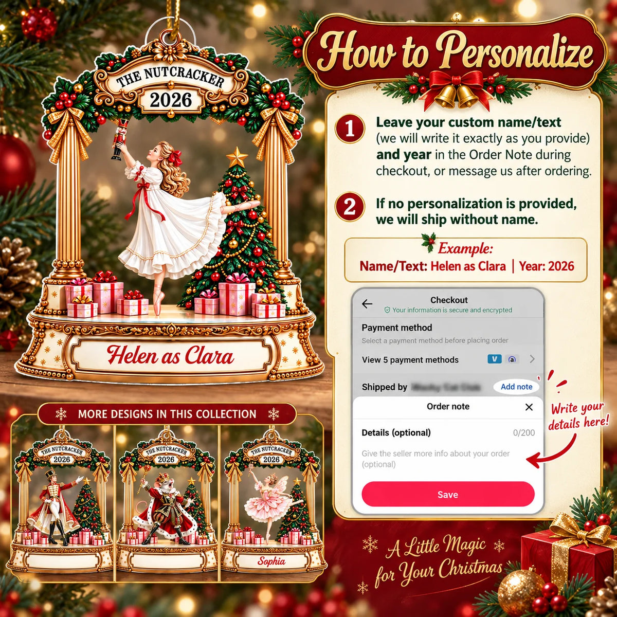 Customer in Miami, Florida wearing The Nutcracker Ballet Ornament Personalized Christmas Gift for Dancers Clara Sugar Plum Fairy