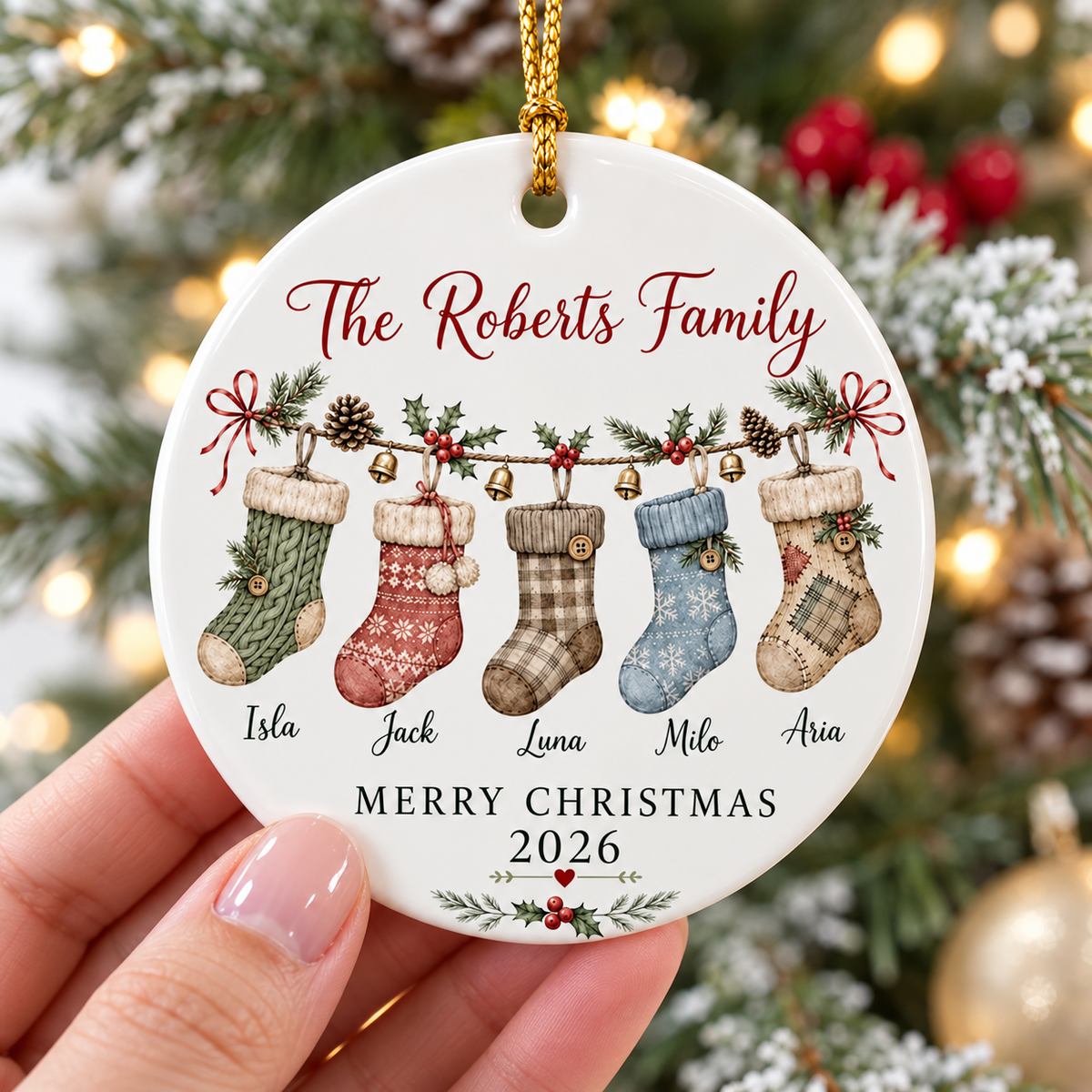 A hand holding the flat ceramic family stocking ornament against a backdrop of festive holiday lights.