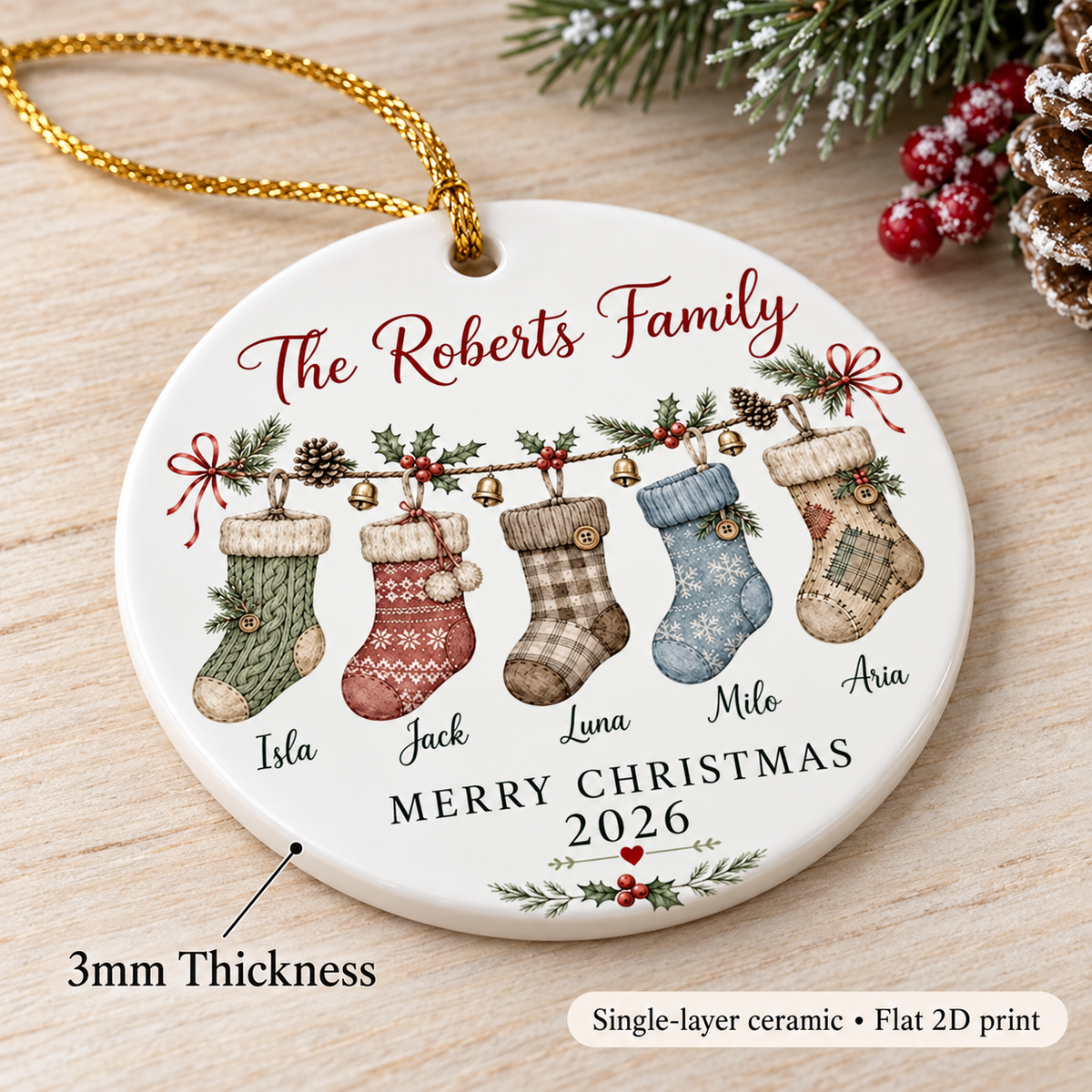 A 3-inch personalized family ornament showing 3mm thickness and single-layer ceramic construction on wood.