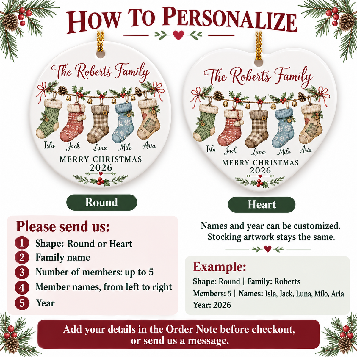 Instruction graphic showing personalization options for round and heart ceramic family ornaments.