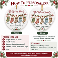 Instruction graphic showing personalization options for round and heart ceramic family ornaments.