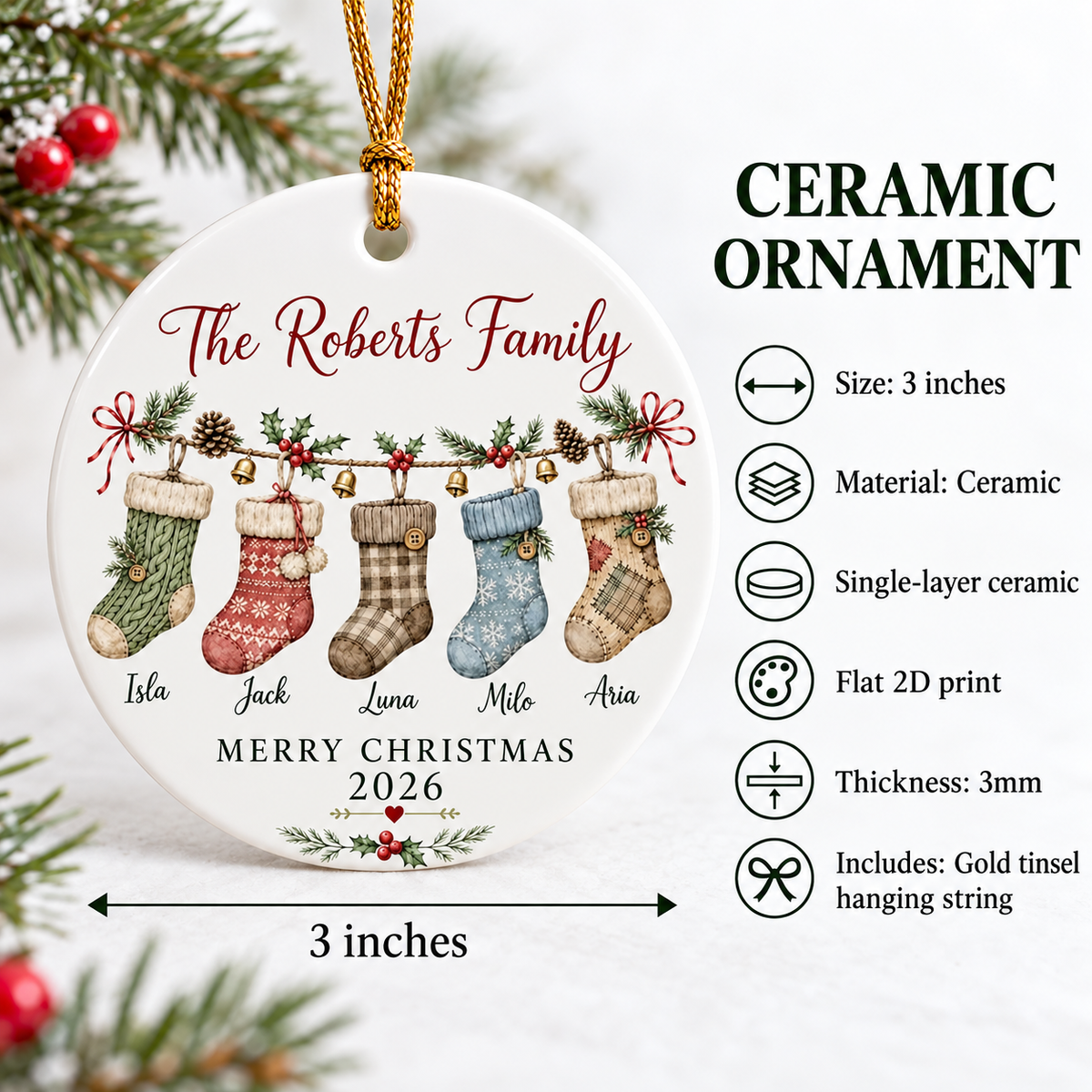 Infographic detailing specifications for the 3-inch ceramic family ornament with gold hanging string.