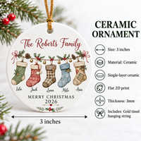 Infographic detailing specifications for the 3-inch ceramic family ornament with gold hanging string.