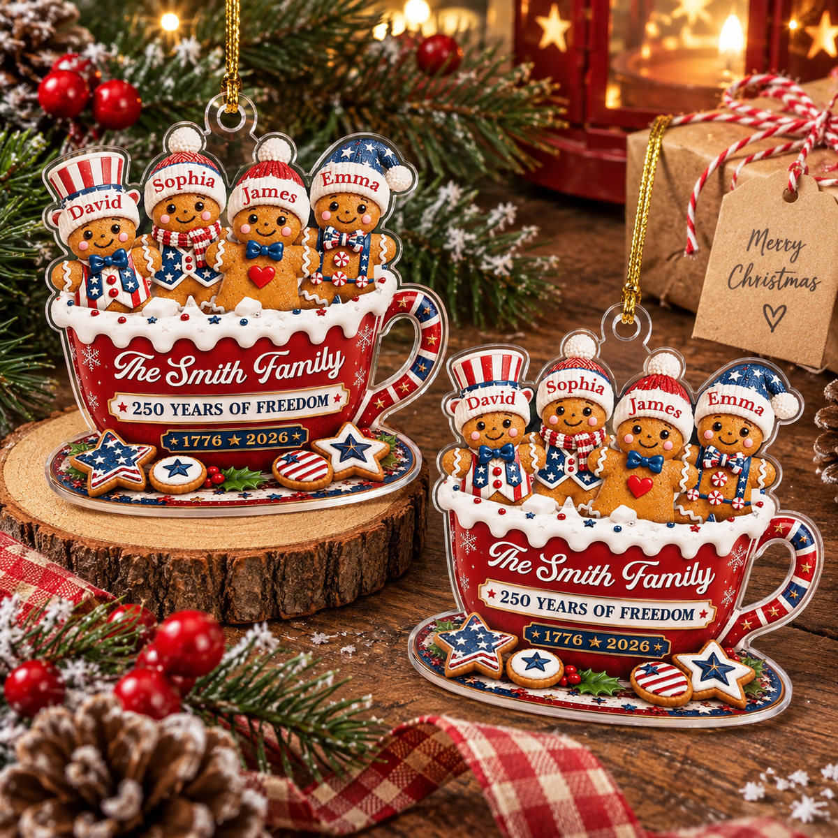 Customer in Austin, Texas wearing The Smith Family 250 Years of Freedom Ornament Personalized Patriotic Christmas Keepsake
