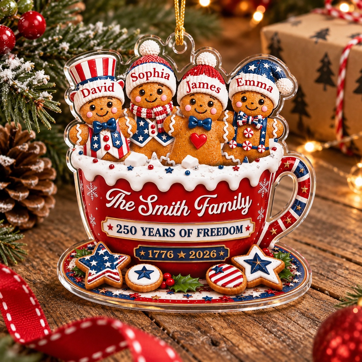 Close-up of The Smith Family 250 Years of Freedom Ornament Personalized Patriotic Christmas Keepsake for streetwear fans in Austin, Texas