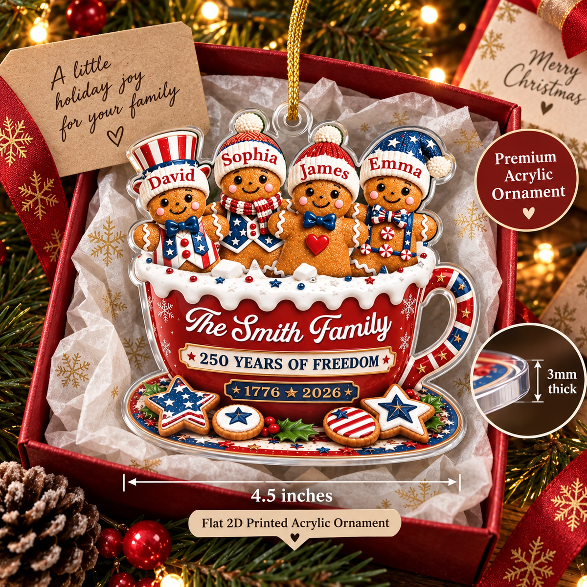 Customer in Austin, Texas wearing The Smith Family 250 Years of Freedom Ornament Personalized Patriotic Christmas Keepsake