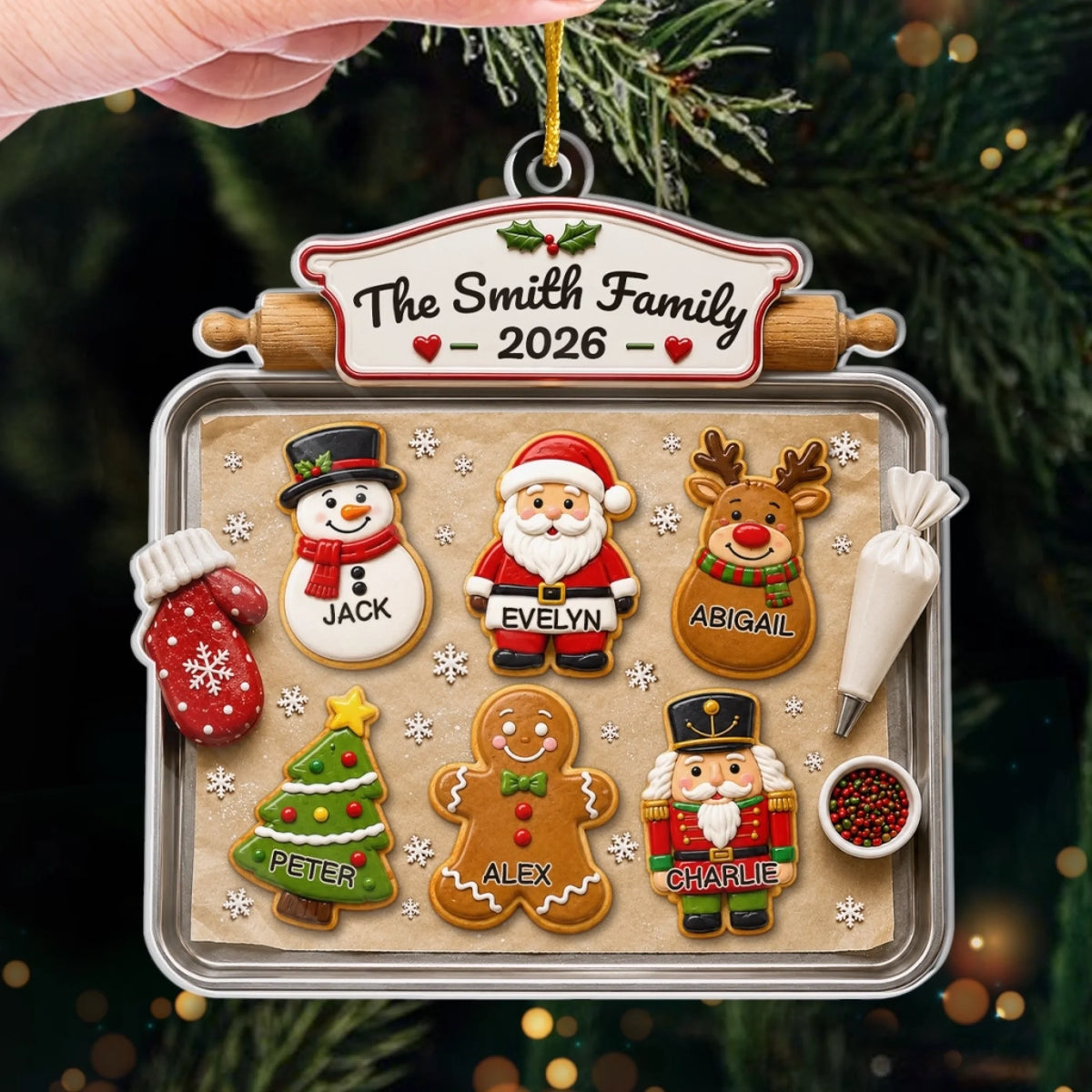 The Smith Family Ornament, Personalized Gingerbread Cookies Baking Tray Christmas Tree Decor, Custom on a hanger, ready to ship from Austin, Texas