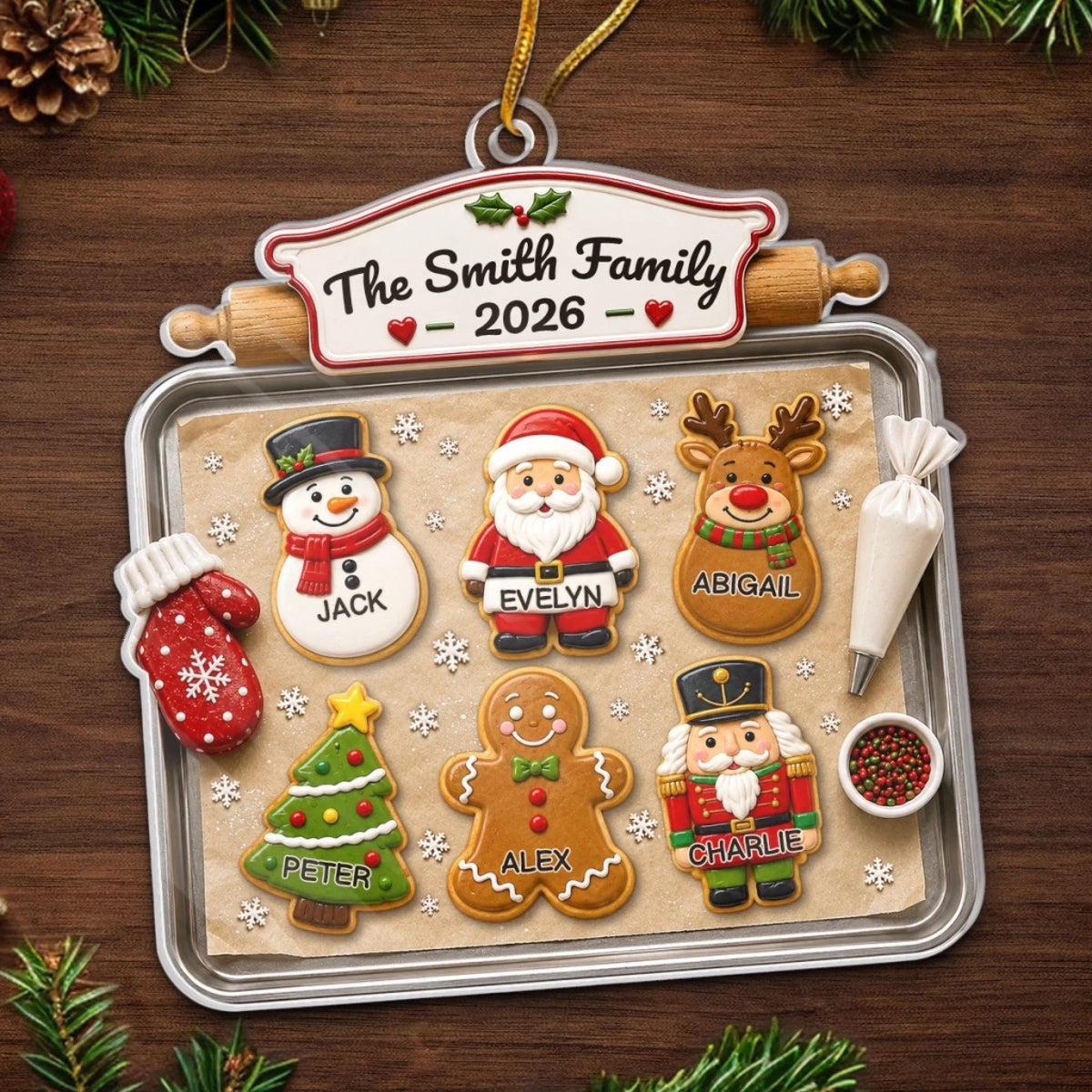 Customer in Austin, Texas wearing The Smith Family Ornament, Personalized Gingerbread Cookies Baking Tray Christmas Tree Decor, Custom
