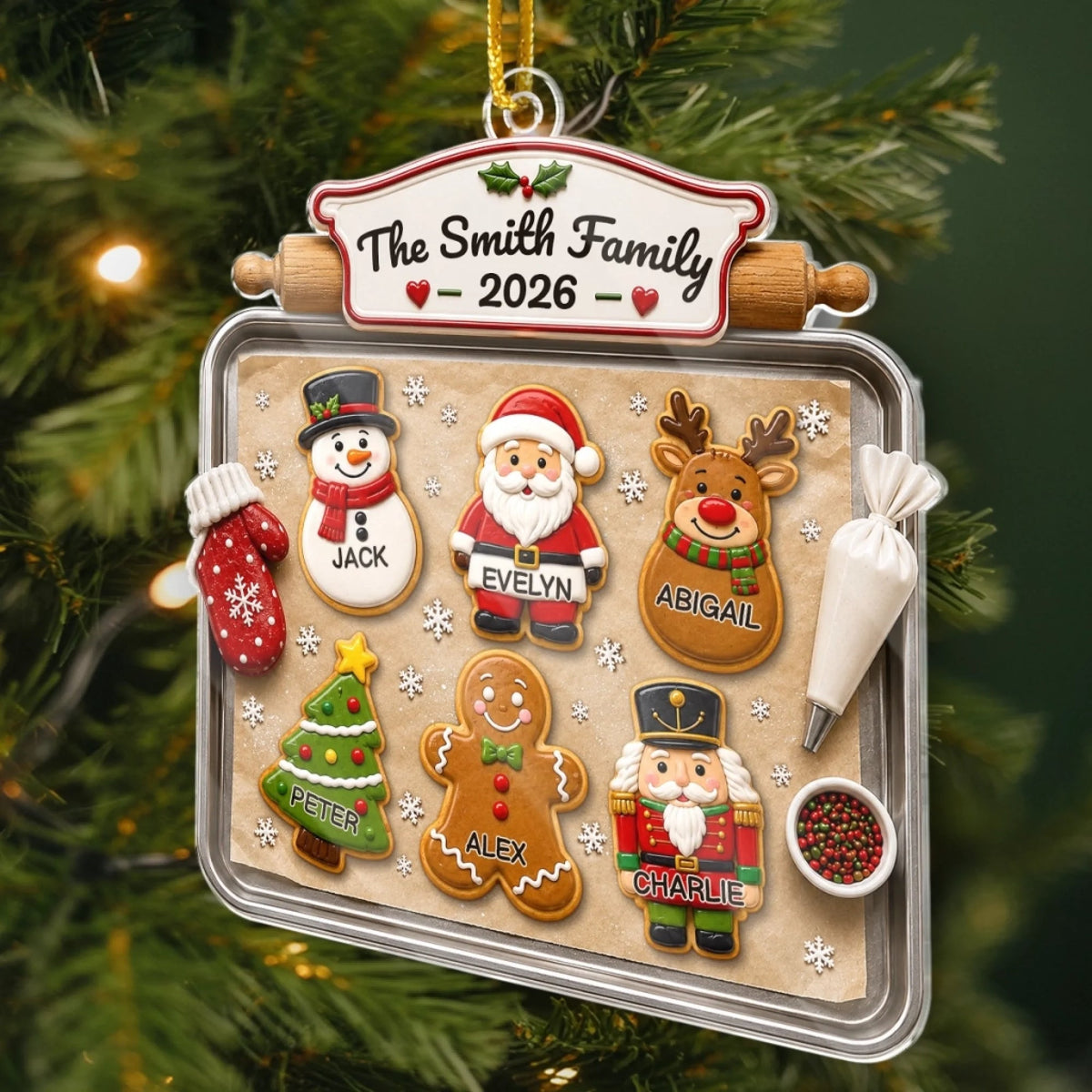 Close-up of The Smith Family Ornament, Personalized Gingerbread Cookies Baking Tray Christmas Tree Decor, Custom for streetwear fans in Austin, Texas