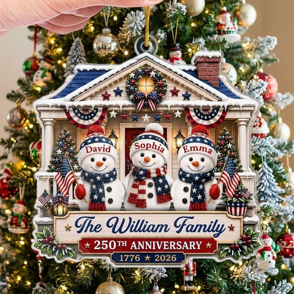 Customer in Austin, Texas wearing The William Family Ornament Personalized Patriotic Snowman Christmas Tree Decor Custom Name Holiday 