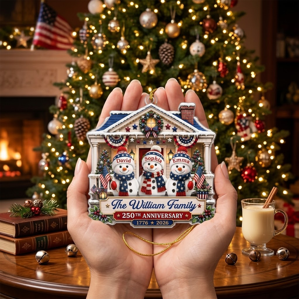 Close-up of The William Family Ornament Personalized Patriotic Snowman Christmas Tree Decor Custom Name Holiday  for streetwear fans in Austin, Texas
