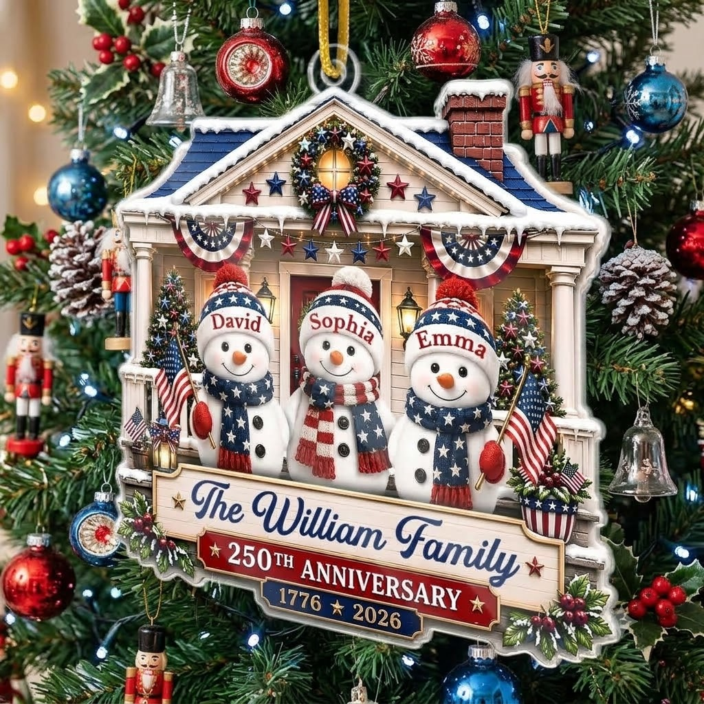 Customer in Austin, Texas wearing The William Family Ornament Personalized Patriotic Snowman Christmas Tree Decor Custom Name Holiday 
