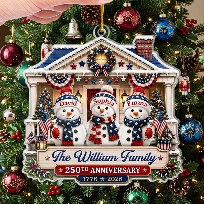 The William Family Ornament Personalized Patriotic Snowman Christmas Tree Decor Custom Name Holiday  available at our Austin, Texas warehouse