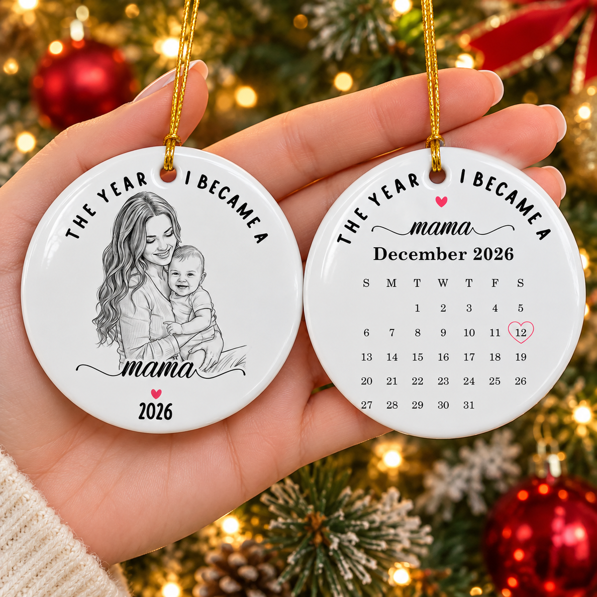 A hand holding up front and back views of the personalized ceramic ornament near holiday lights.