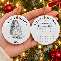 A hand holding up front and back views of the personalized ceramic ornament near holiday lights.