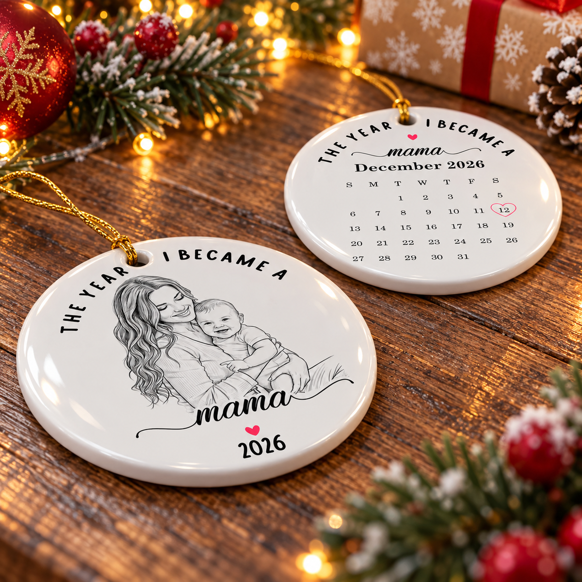 Front and back views of the round ceramic ornament displayed on a wooden table with Christmas decor.