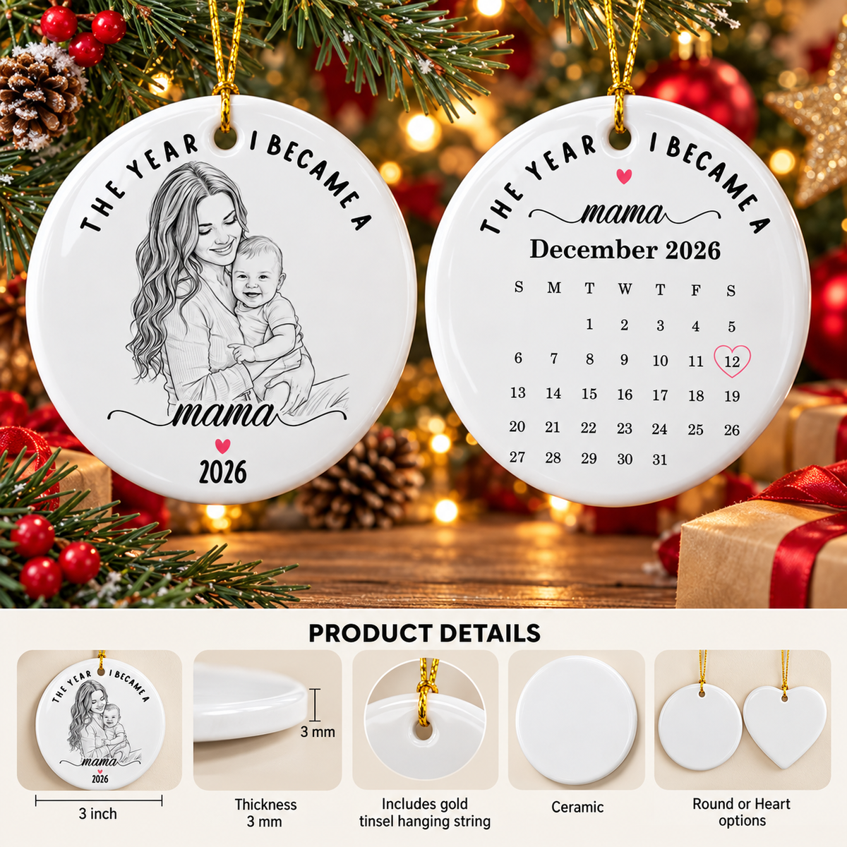 Product details graphic showing ornament dimensions, 3mm thickness, gold string, and shape options.