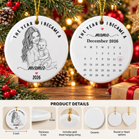 Product details graphic showing ornament dimensions, 3mm thickness, gold string, and shape options.