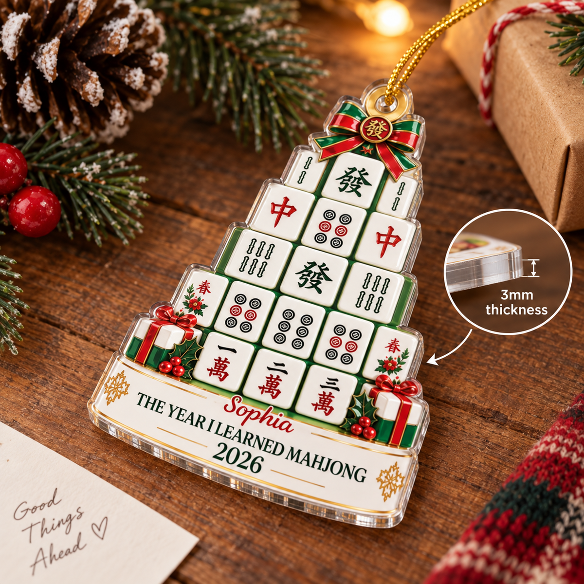The Year I Learned Mahjong Personalized Christmas Ornament Custom Name Holiday Gift for Players on a hanger, ready to ship from Austin, Texas