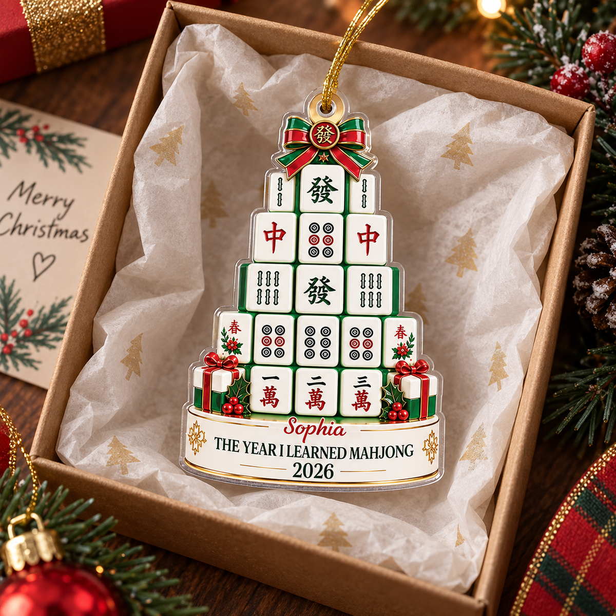 Customer in Austin, Texas wearing The Year I Learned Mahjong Personalized Christmas Ornament Custom Name Holiday Gift for Players
