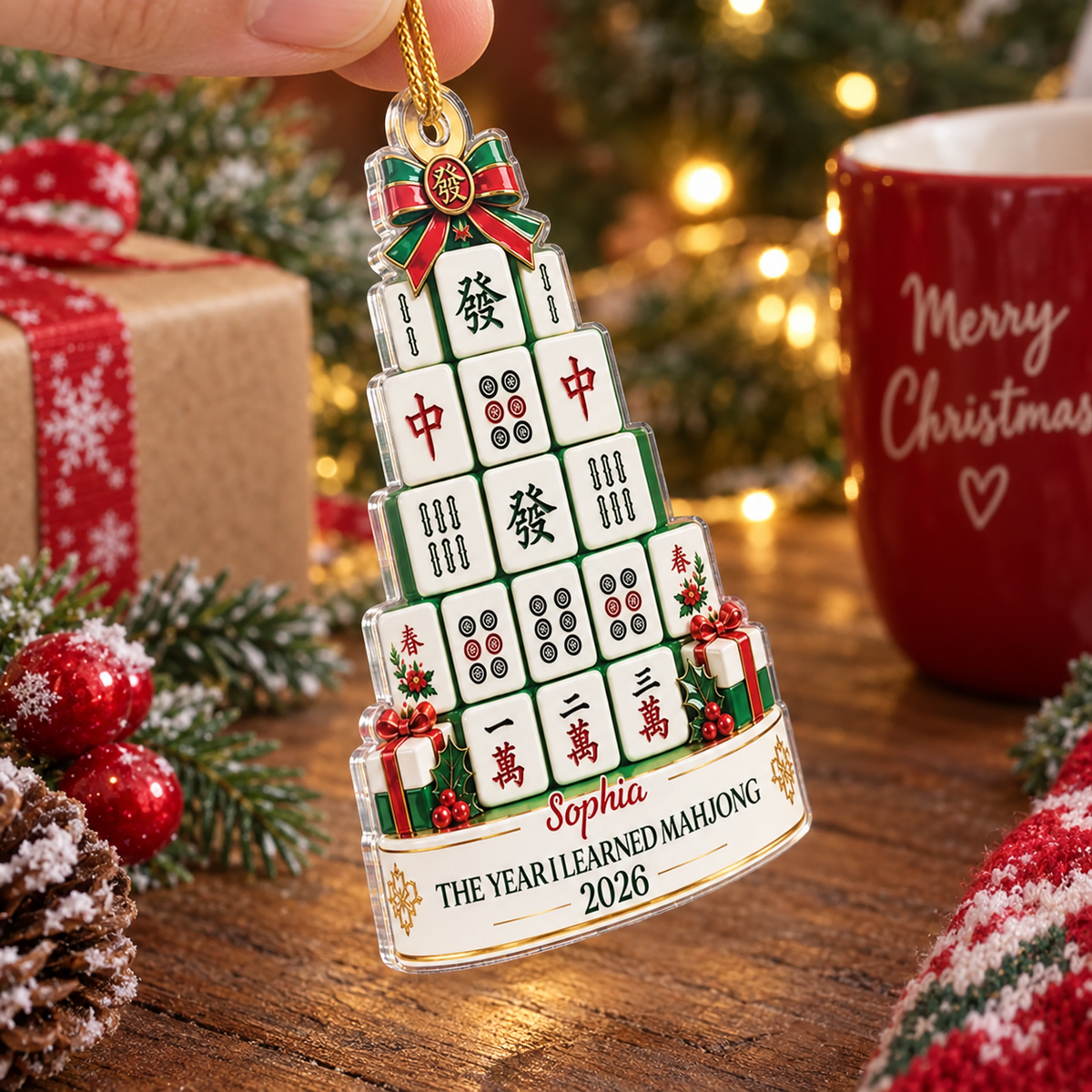 Close-up of The Year I Learned Mahjong Personalized Christmas Ornament Custom Name Holiday Gift for Players for streetwear fans in Austin, Texas