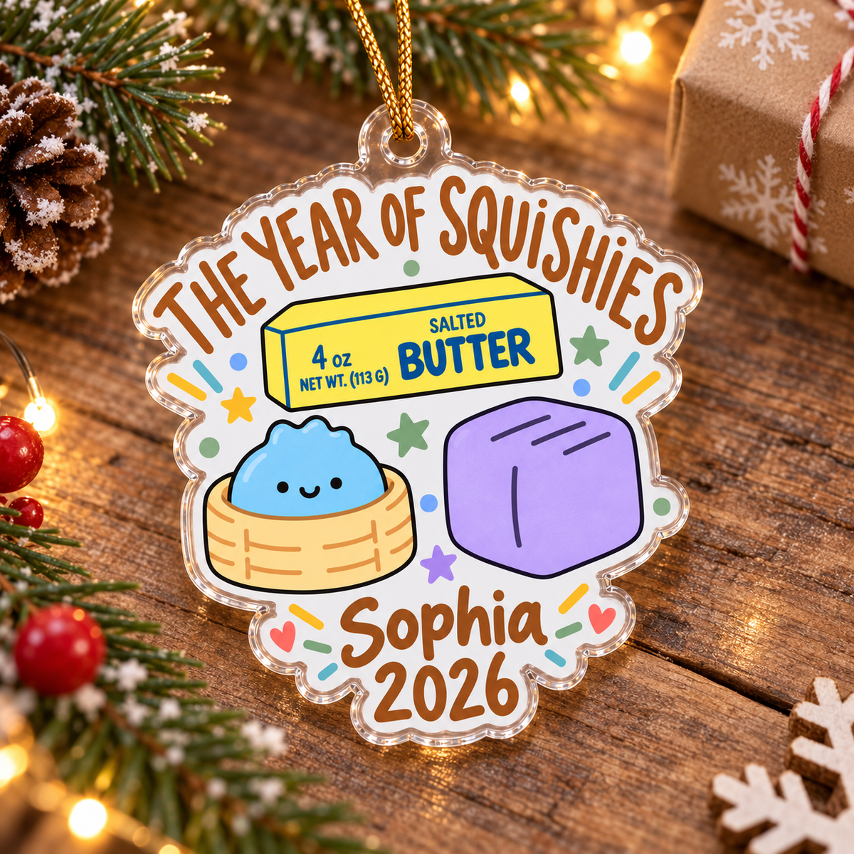 Custom squishy toy ornament resting on rustic wooden holiday background with pinecones.