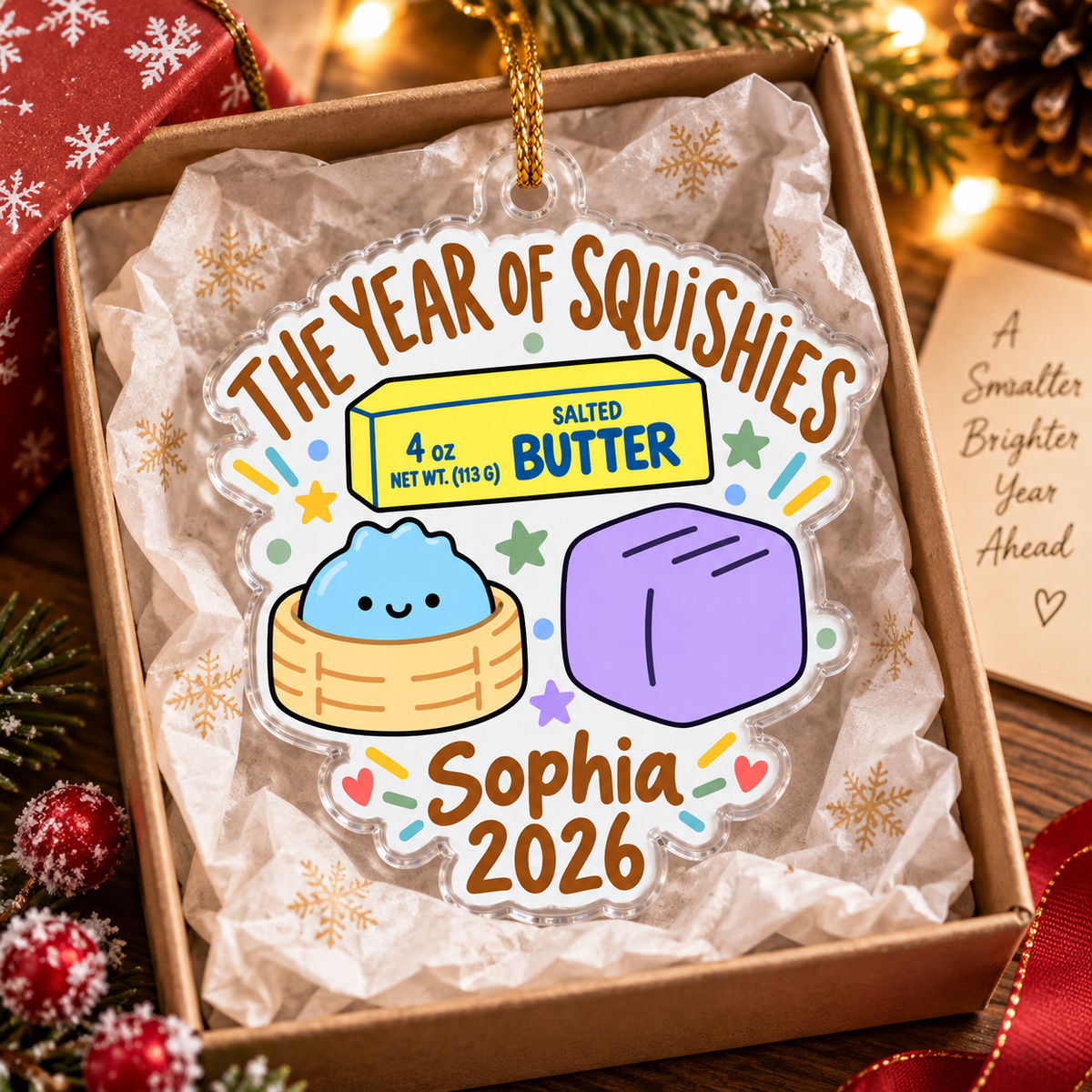 Personalized squishy ornament displayed inside an open gift box with tissue paper.