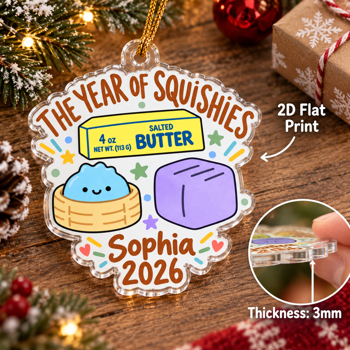 Clear acrylic ornament showing 2D flat print and thickness detail callout.