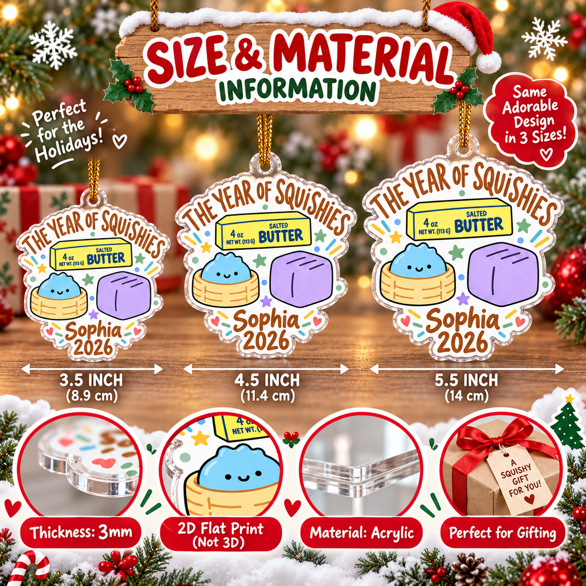 Infographic showing three size options for custom squishy acrylic ornaments.
